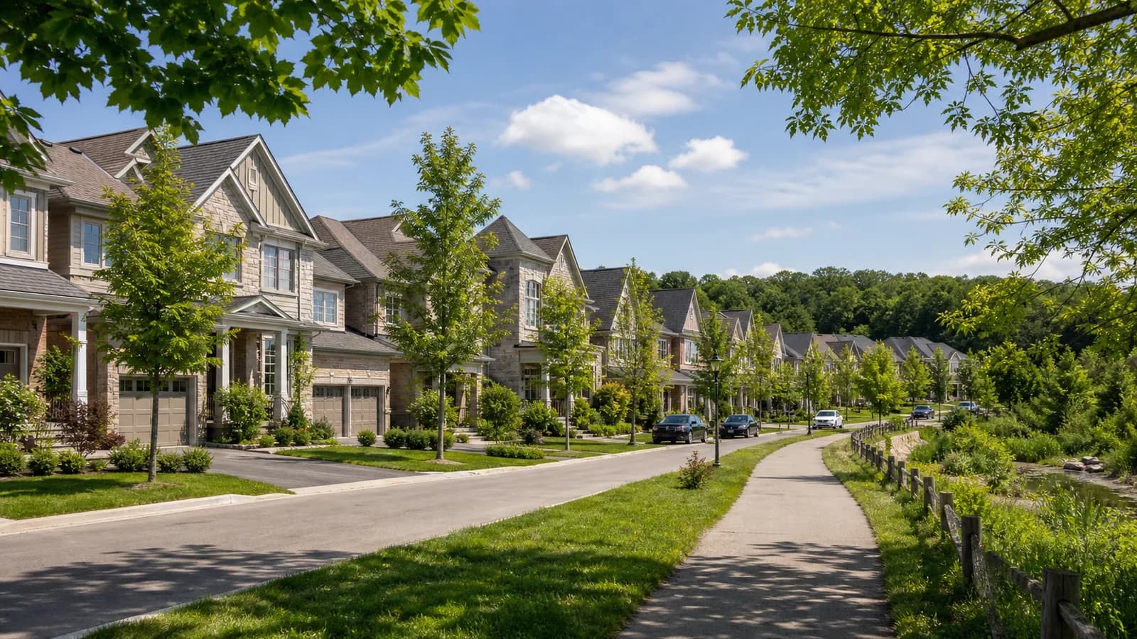 Newer detached homes and trail along Sixteen Mile Creek in West Oak Trails, Oakville