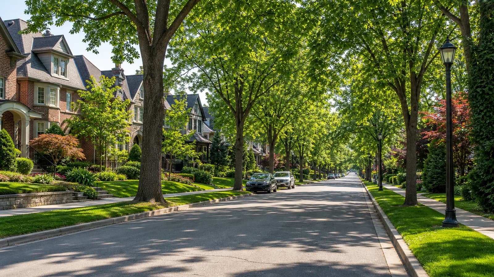 Beautiful tree-lined suburban street scene for a Brampton neighbourhood comparison guide.