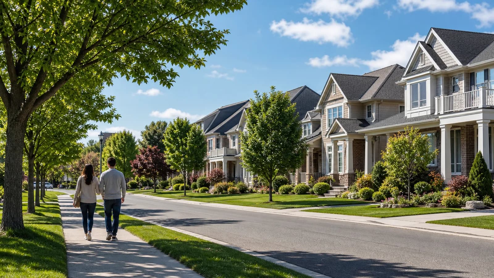 Welcoming GTA neighbourhood scene for a home buyer guide with homes and community streetscape.